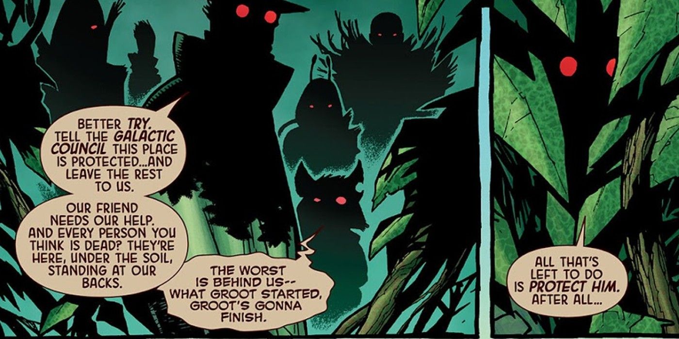panels from Guardians of the Galaxy #7, the Guardians of the Galaxy tell Wiccan and Hulkling they have to protect Groot