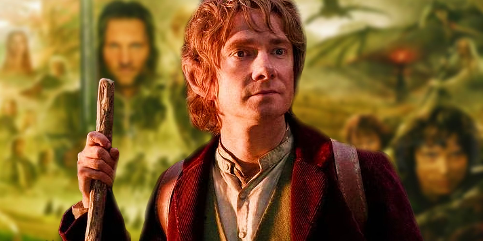 Bilbo Baggins from The Hobbit trilogy above a blurred poster for Lord of the Rings