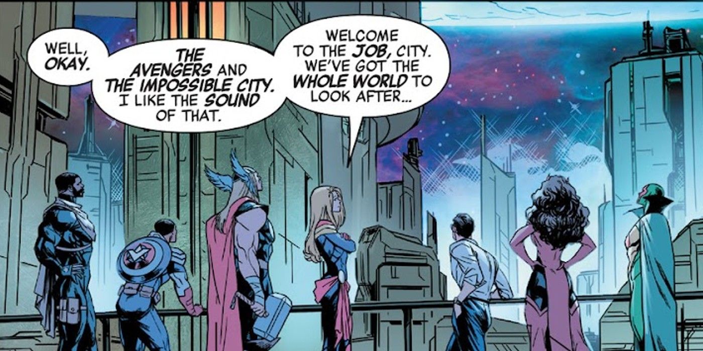 panels from Avengers #6, the Impossible City joins the Avengers; 