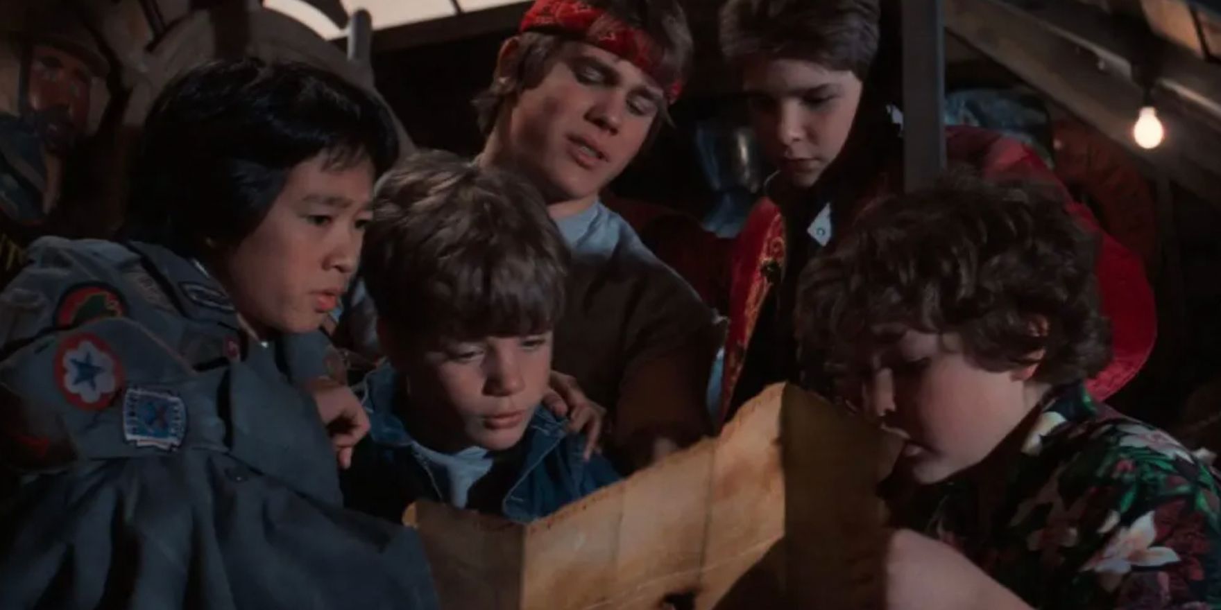 The kids all looking at the map in the attic in The Goonies