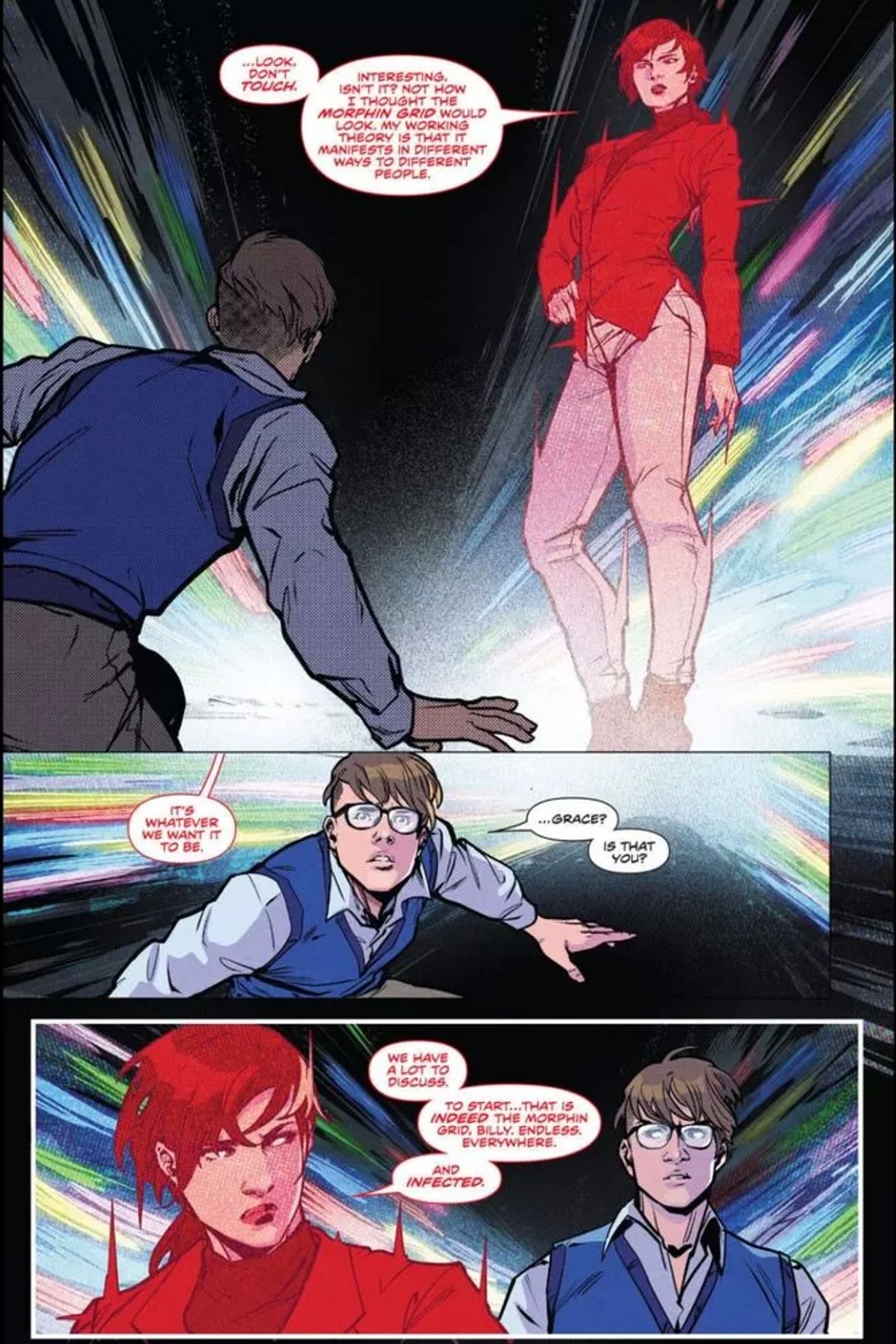 panels from Mighty Morphin Power Rangers #112, the morphin grid revealed to billy