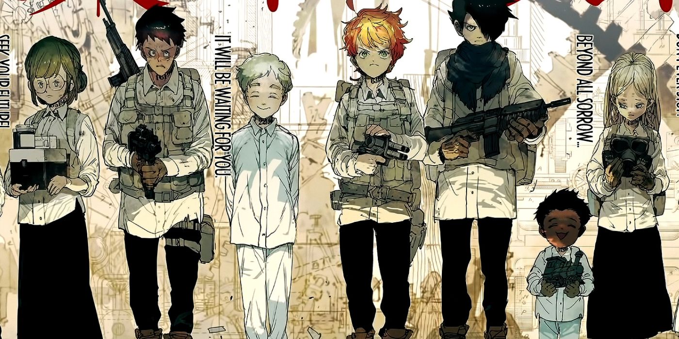 The Promised Neverland promotional image featuring the main cast, including Norman, Emma, Ray, etc.