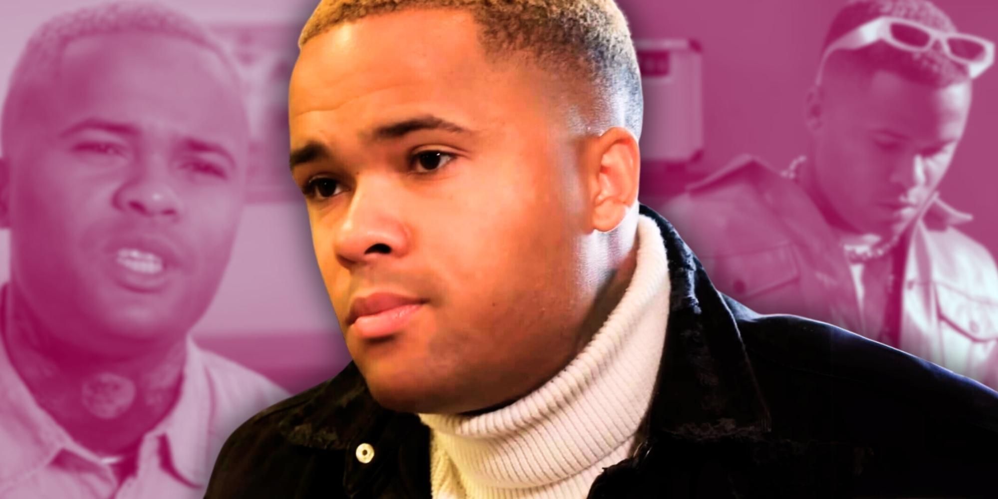 Jibri Bell from 90 Day Fiance wearing white turtleneck in front of purple background