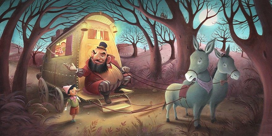 The Ringmaster talking with Pinocchio - The Adventures of Pinocchio. Illustrated by Richard Johnson.