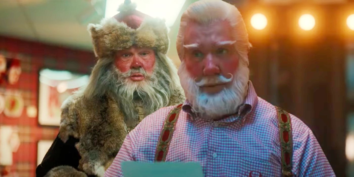 Custom image of Tim Allen as Santa juxtaposed with Eric Stonestreet as the Mad Santa in The Santa Clauses.