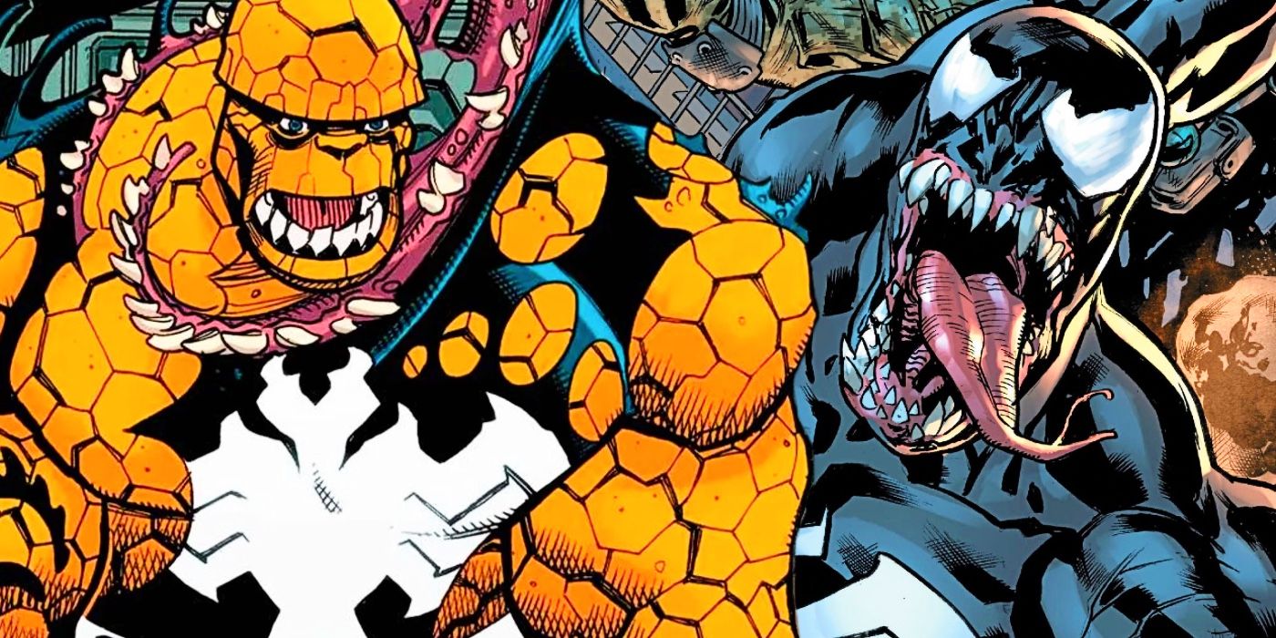 The Thing getting venomized next to a snarling Venom