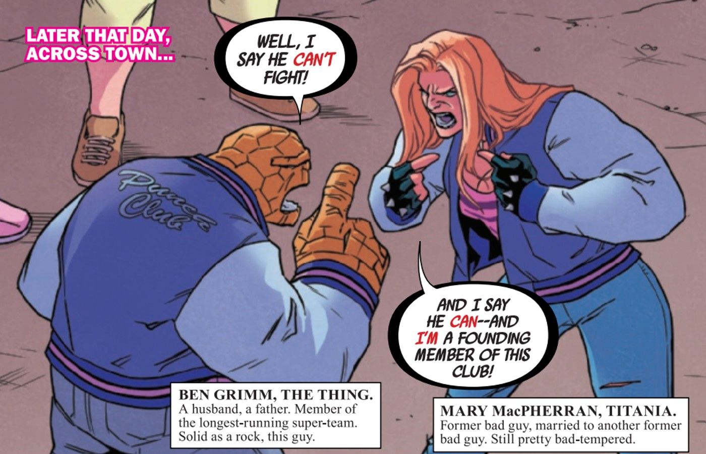 panels from The Sensational She-Hulk #1, the Thing argues with Titania about the Absorbing Man