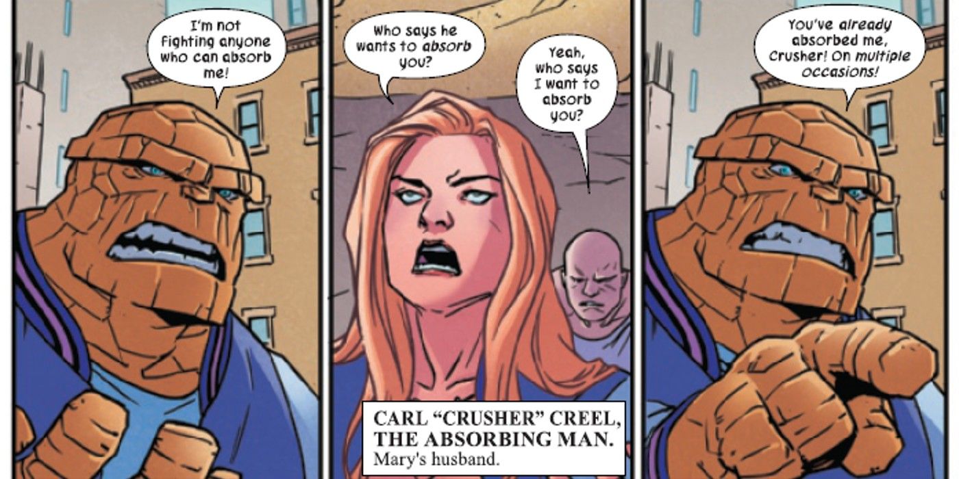 panels from Sensational She-Hulk #1, the Thing yells at Titania and Absorbing Man
