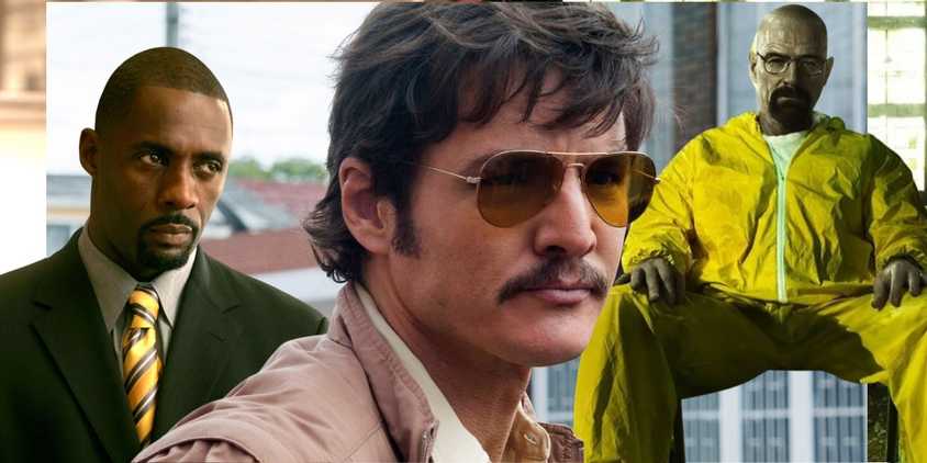 Collage of The Wire, Breaking Bad and Narcos.