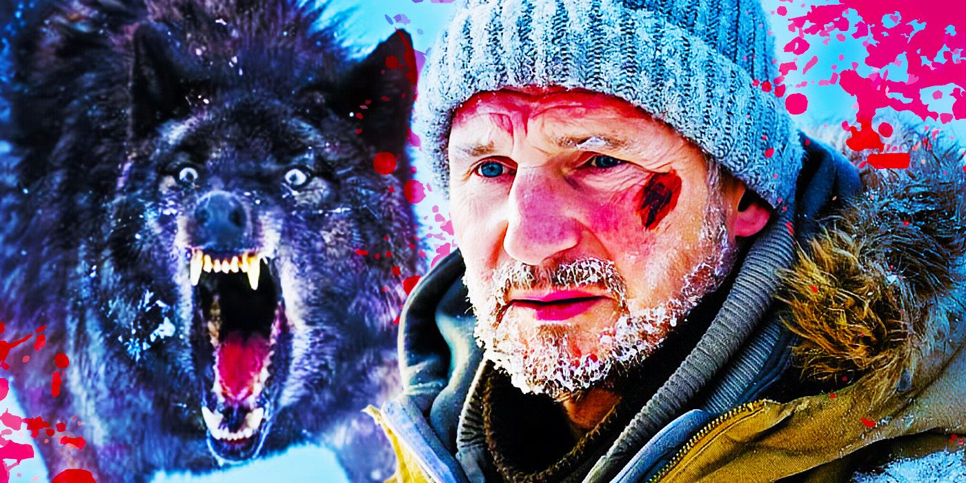 A collage of Liam Neeson and the wolf from The Grey