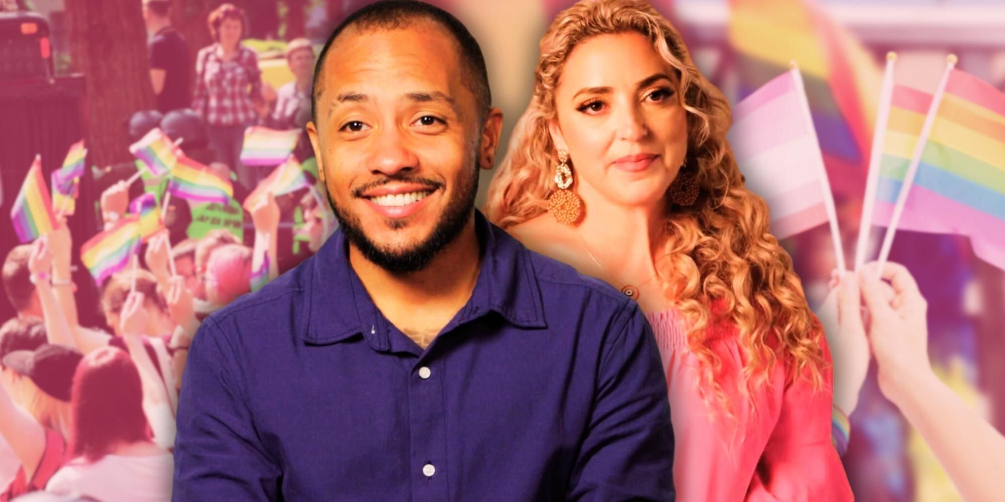 90 Day Fiance's Gabe Paboga and Daniele Gates, in front of people holding Pride flags