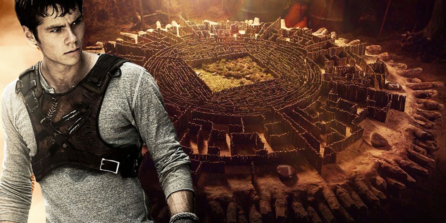 Uma imagem de Dylan O'Brien como Thomas em The Maze Runner sobre uma imagem do labirinto