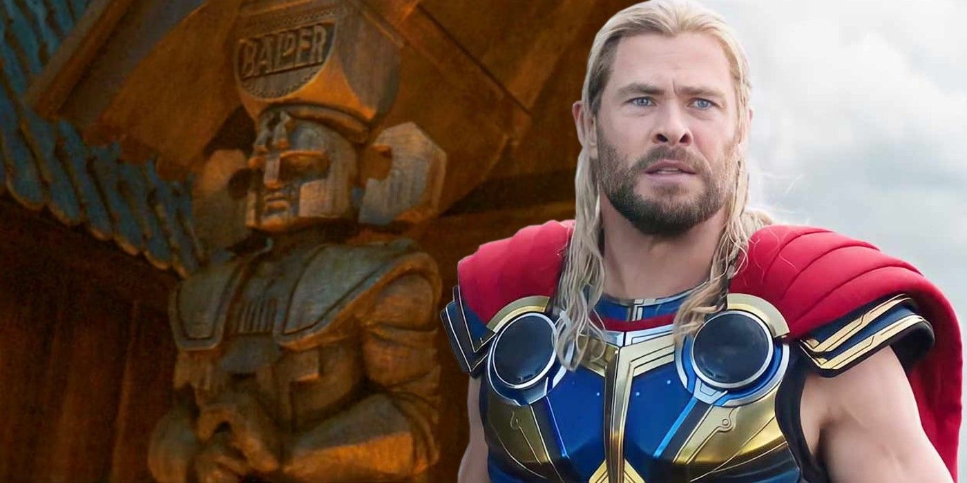 Thor and a wood carving of Balder in the MCU