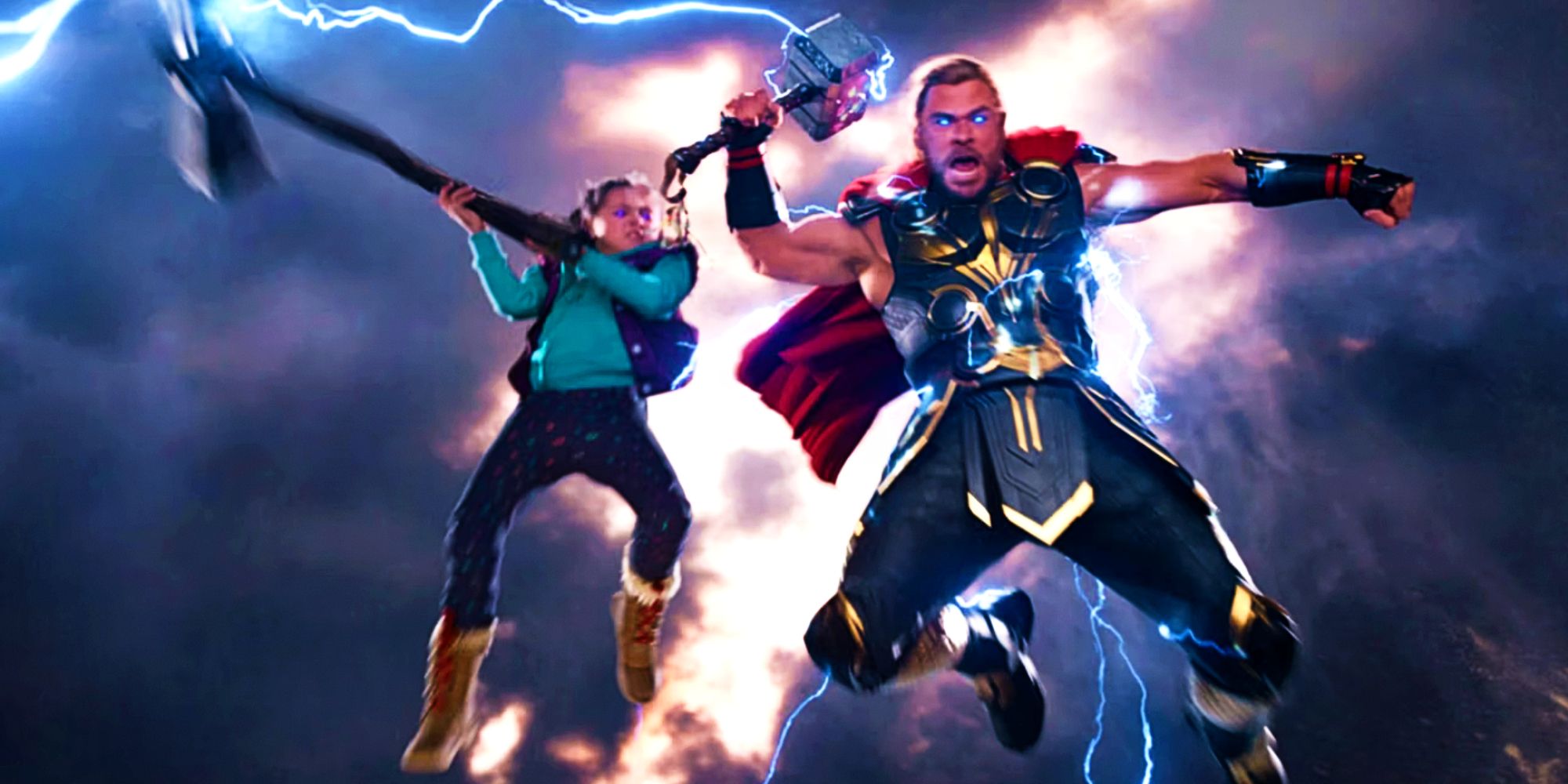 Chris Hemsworth's Thor and his Daughter Love leap through the air in Thor: Love and Thunder