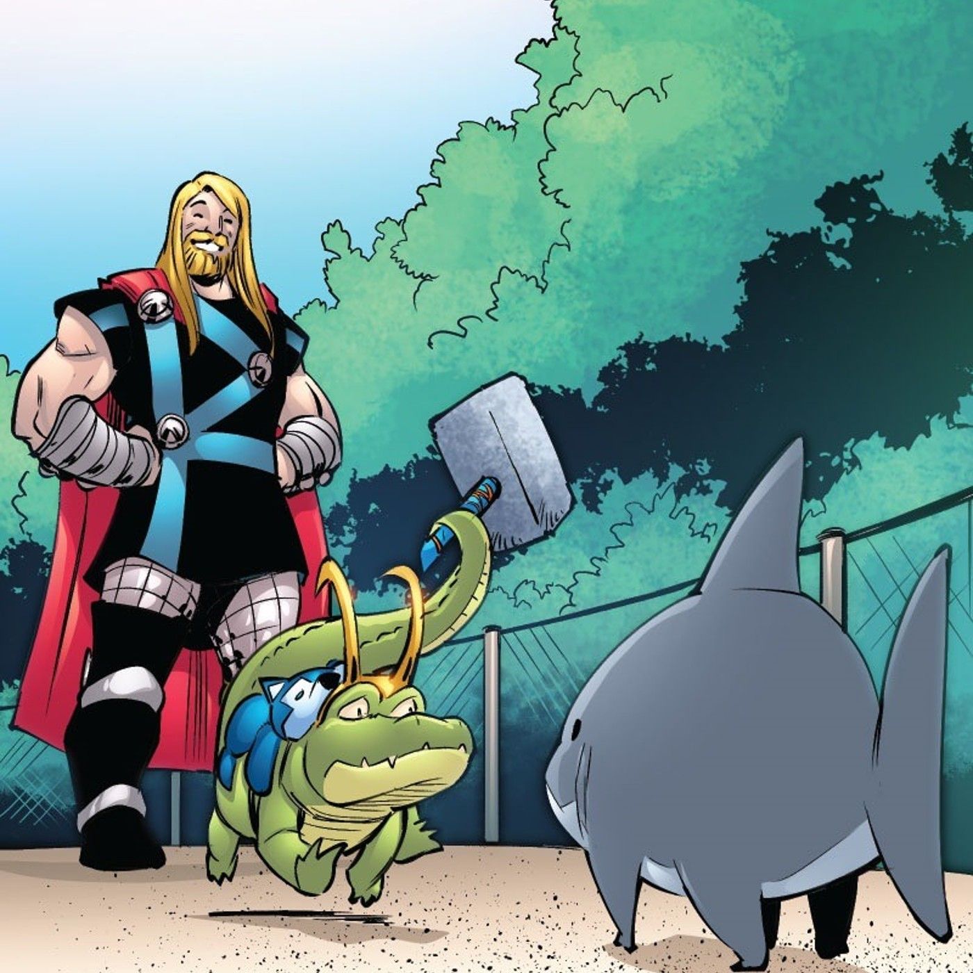 panels from Alligator Loki #15 (2022), Thor introduces Jeff the Land Shark to Alligator Loki