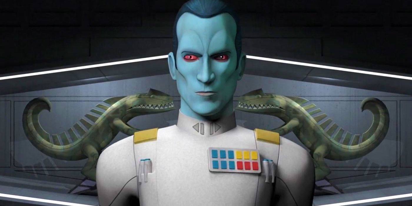 Thrawn from Star Wars Rebels standing in front of Ysalamiri sculptures