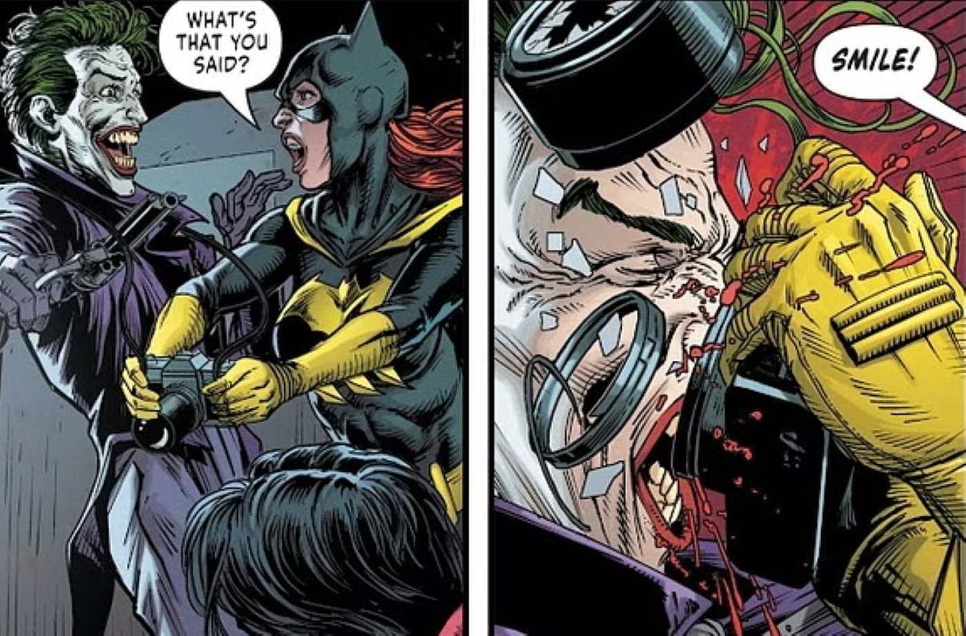 Batgirl breaking Joker&rsquo;s face on his camera.