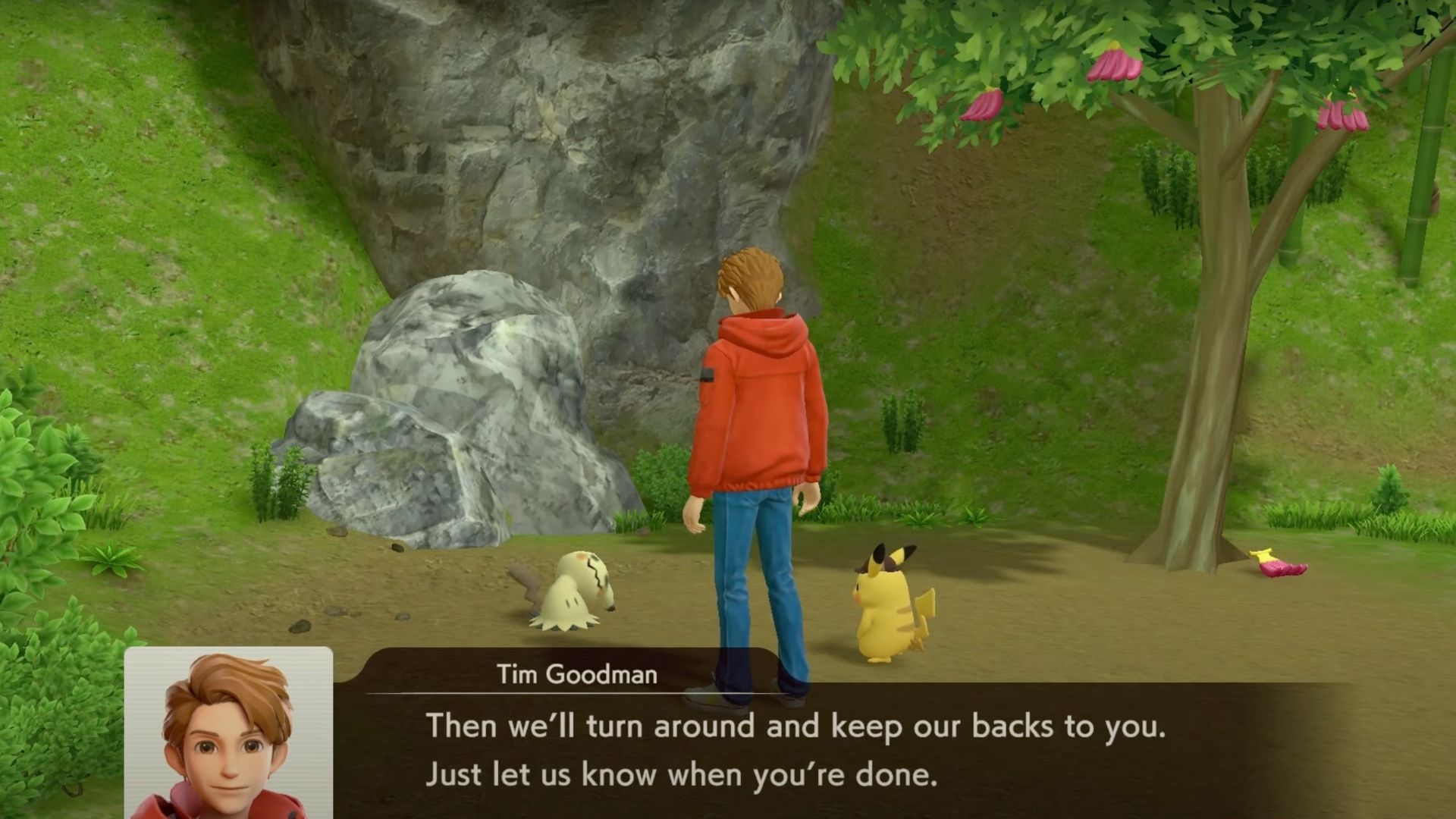 Tim and Pikachu helping a Mimikyu in Detective Pikachu Returns