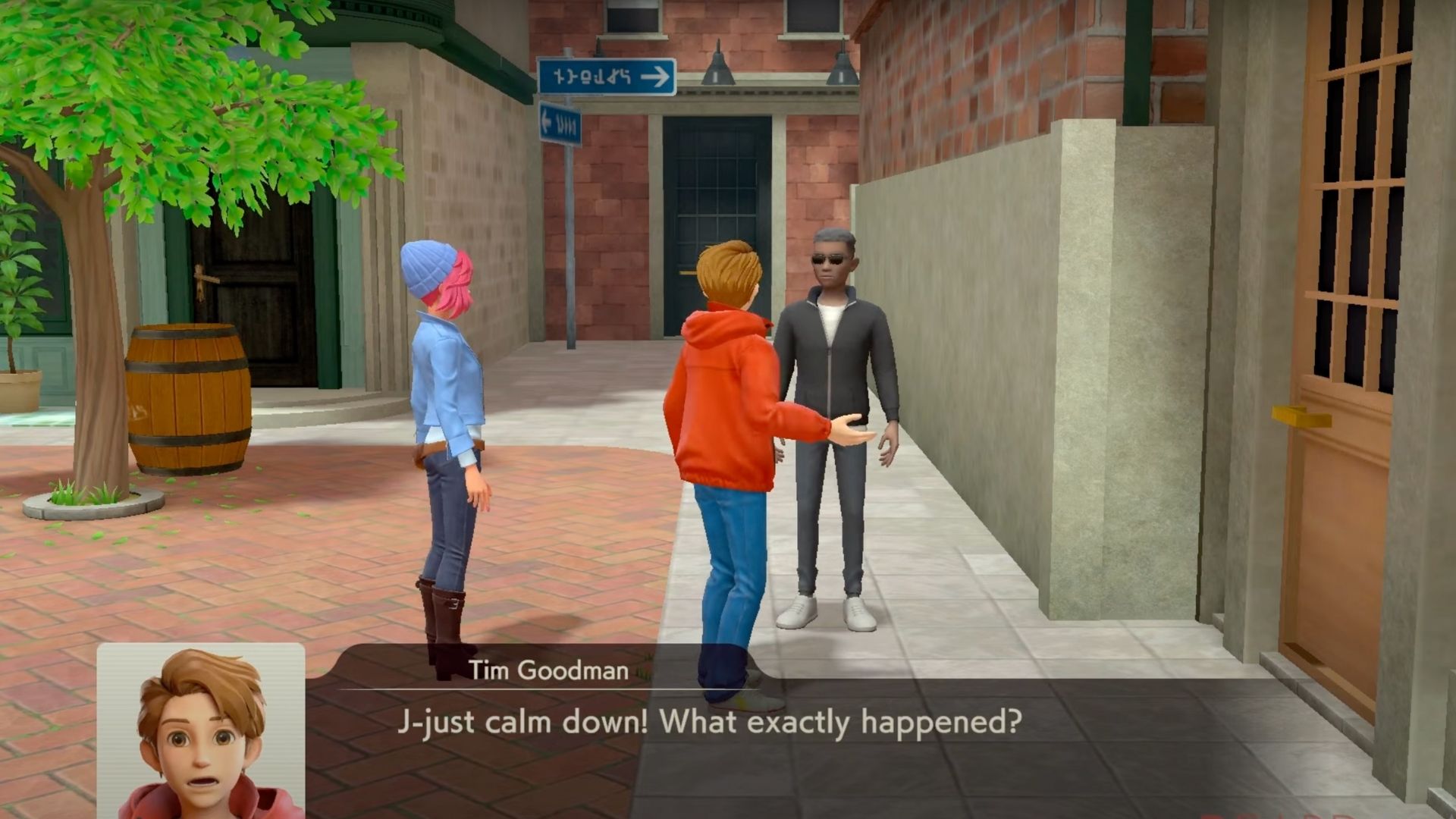 Tim and Rachel helping a man in Detective Pikachu Returns
