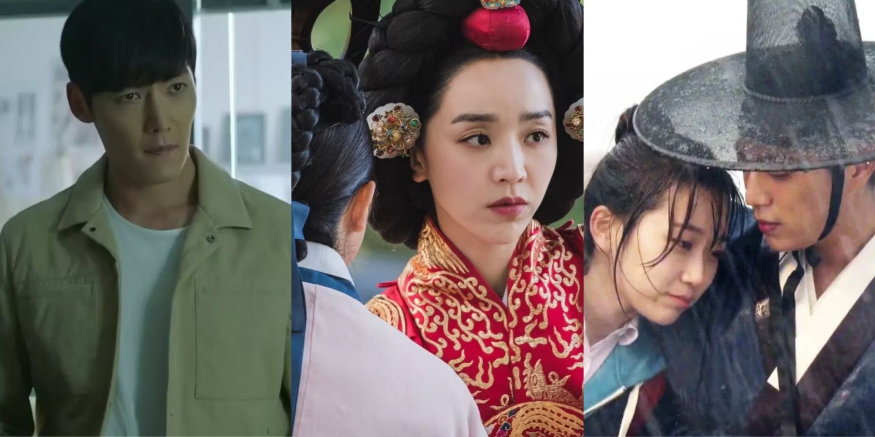 Side by side images depict characters from the Korean time travel dramas Tunnel, Mr. Queen, and Splash Splash Love