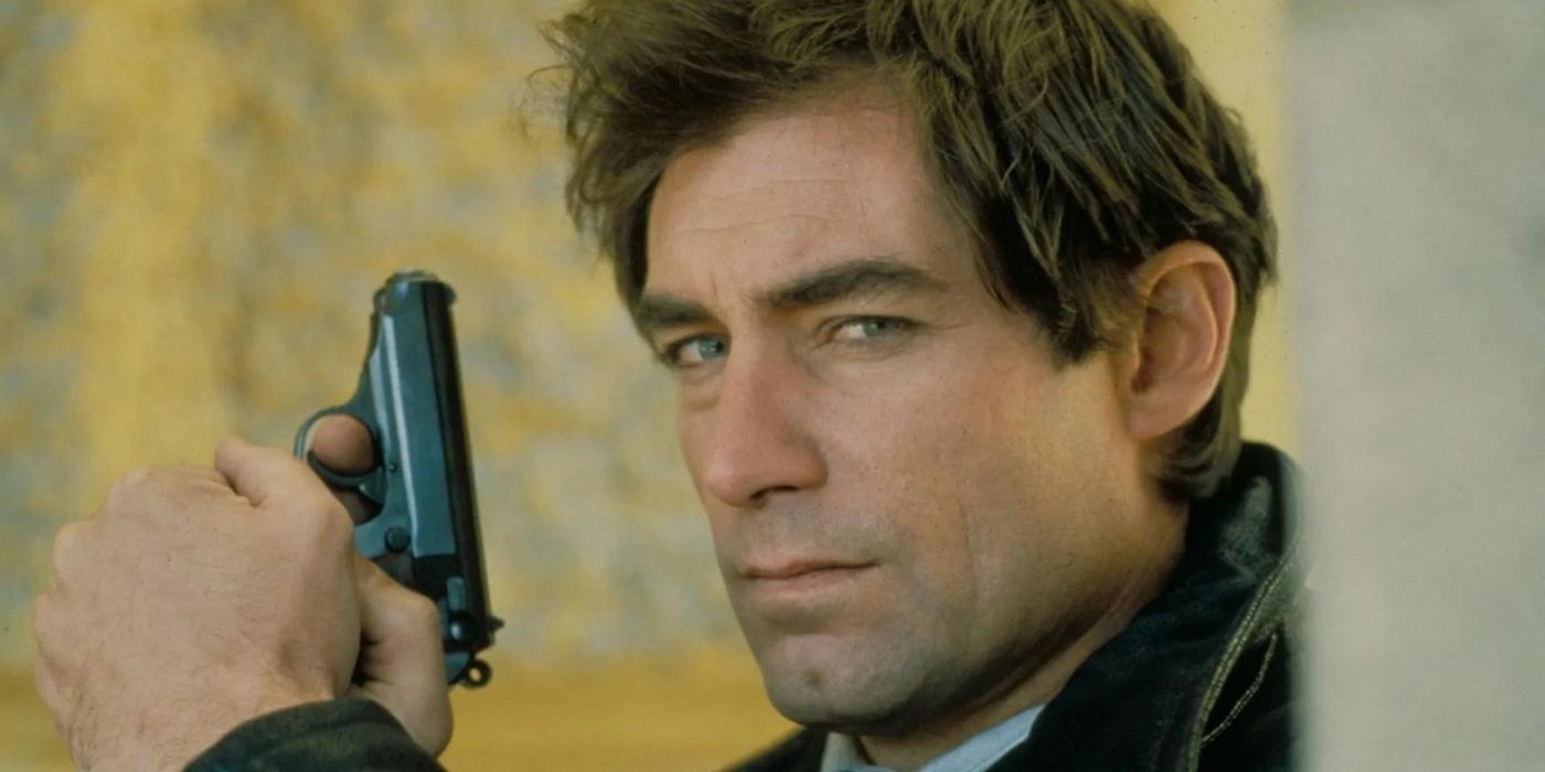Timothy Dalton as James Bond with a Gun in The Living Daylights