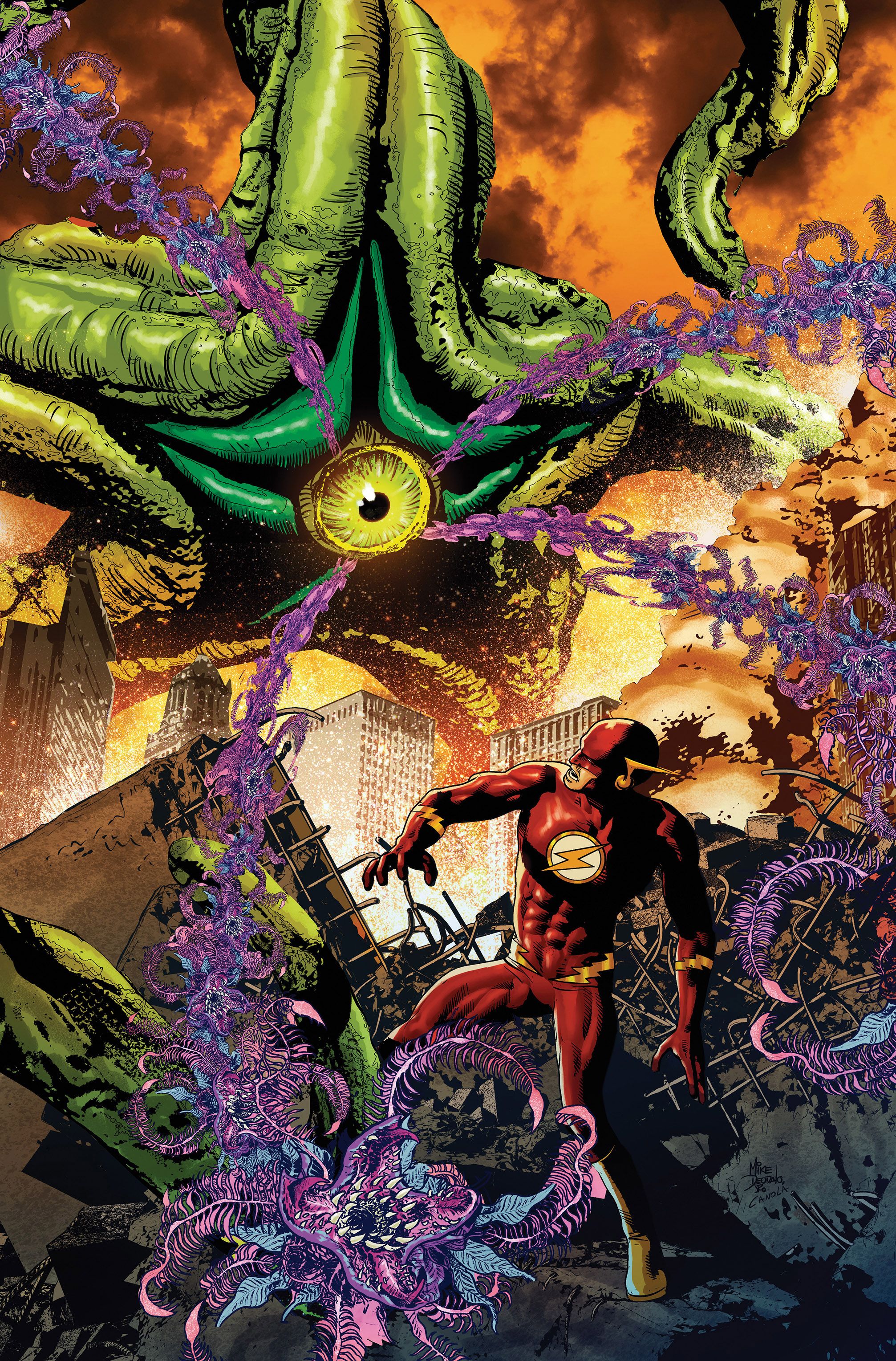 Titans Beast World 6 Open to Order Variant (Deodato Jr), showing streams of kelp-like spawn pouring out of Starro&rsquo;s eye and descending on a ruined city above a horrified Flash.