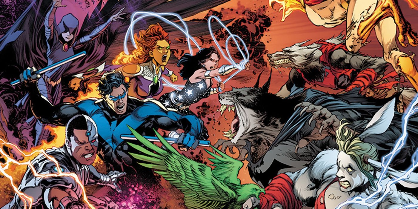 Featured Image: the Titans facing off against werewolf Batman and other DC characters turned into anthropomorphic animals