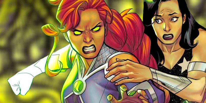 Comic book art: Donna Troy holding back a livid Starfire.