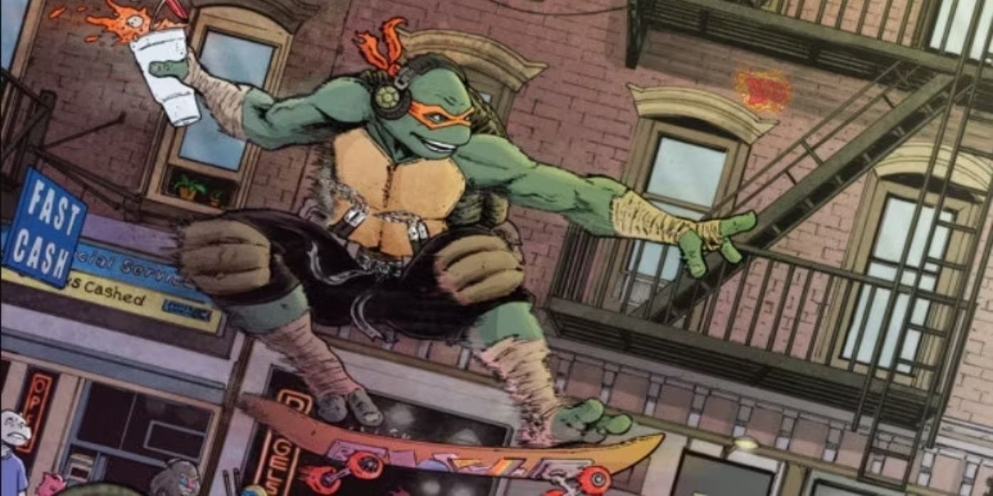 TMNT&rsquo;s Michelangelo skating.