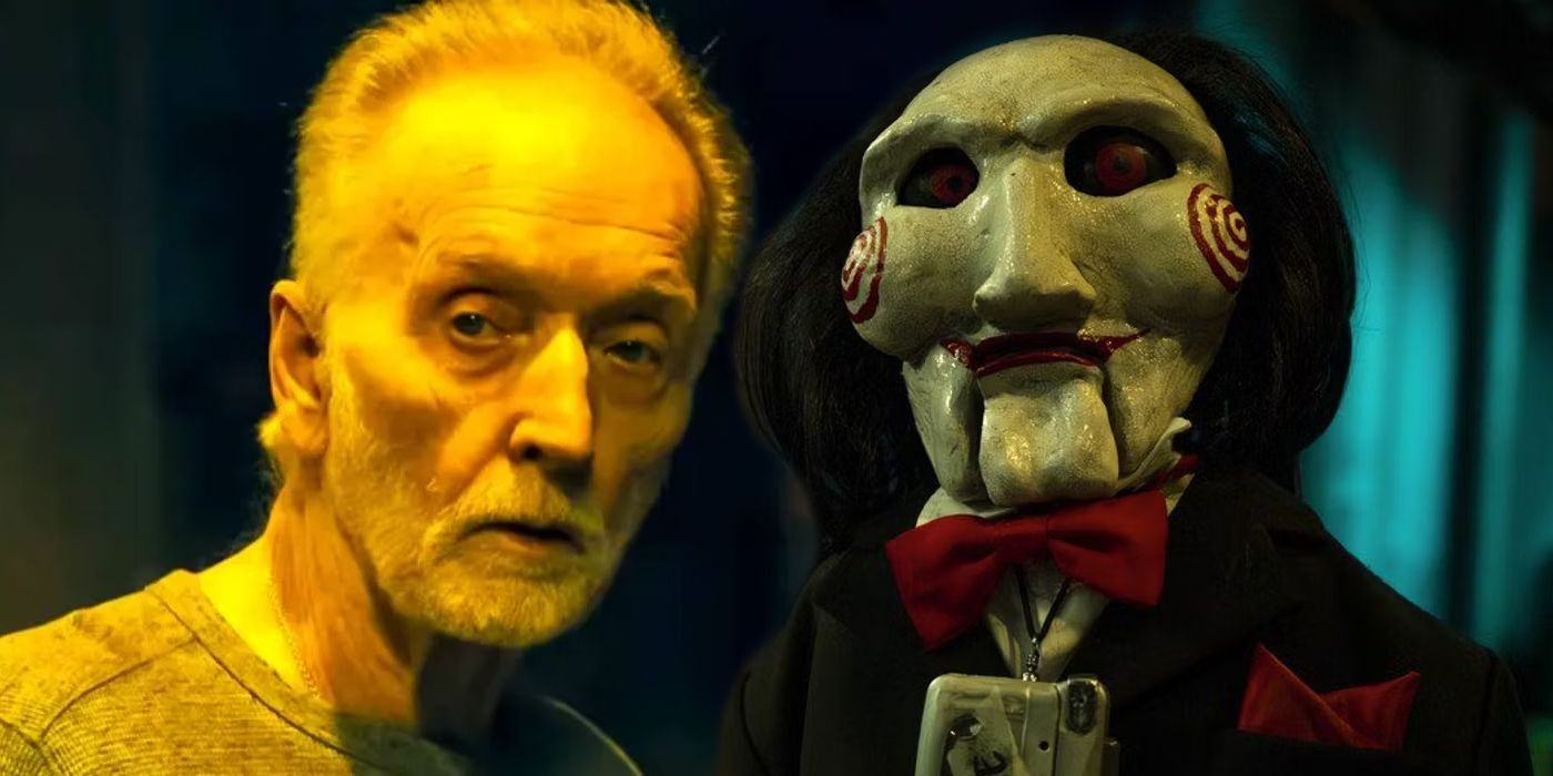 Tobin Bell as John Kramer and Billy the Puppet carrying a tape in Saw X