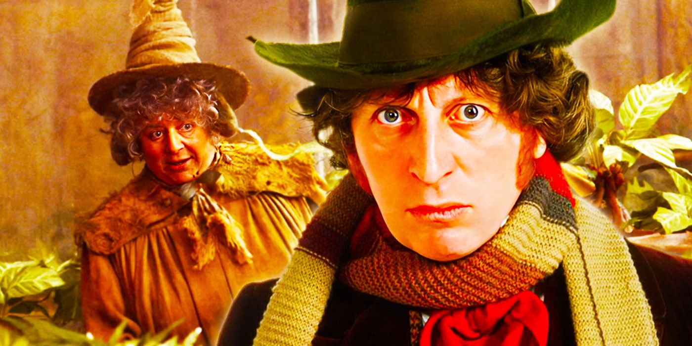 Tom Baker as Fourth Doctor in Doctor Who and Miriam Margoyles as Professor Sprout in Harry Potter