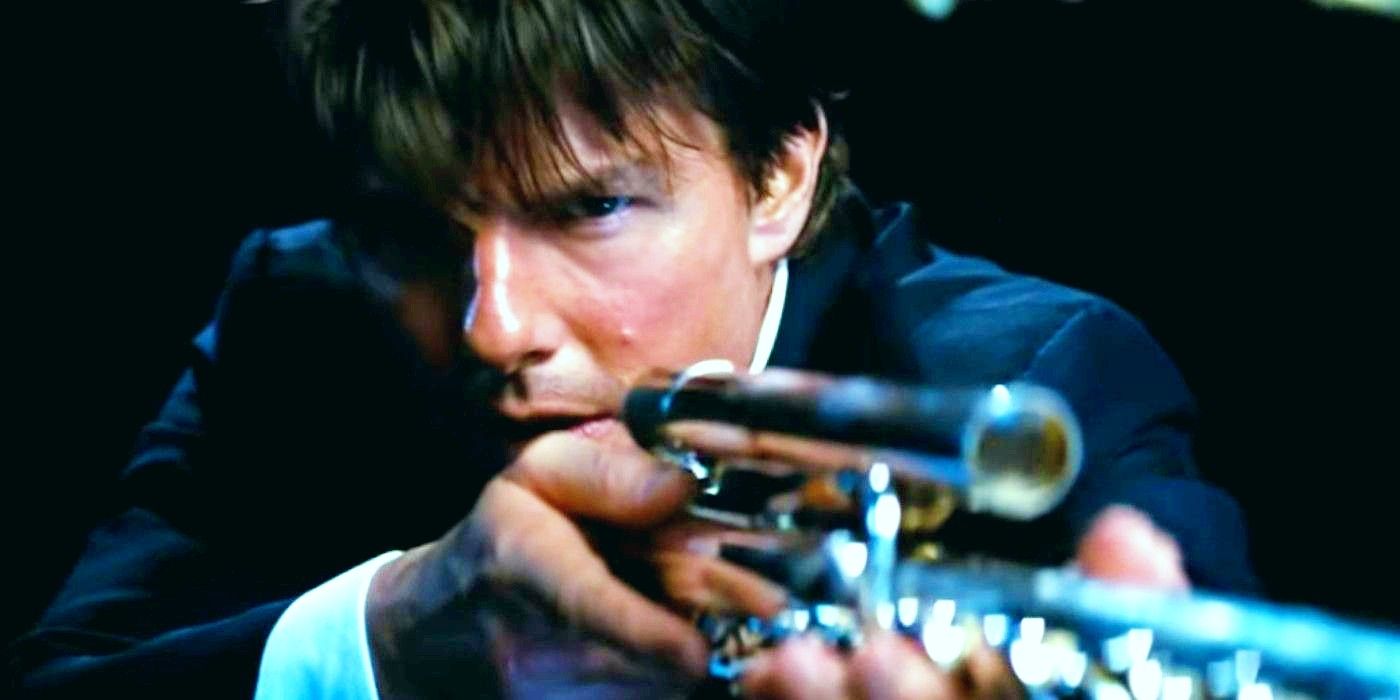 Tom Cruise as Ethan Hunt aiming flute sniper rifle in Mission Impossible Rogue Nation