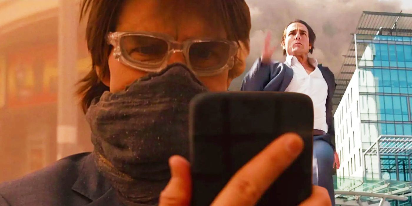 Custom image of Tom Cruise looking at a phone juxtaposed with Tom Cruise sprinting in Mission: Impossible – Ghost Protocol.