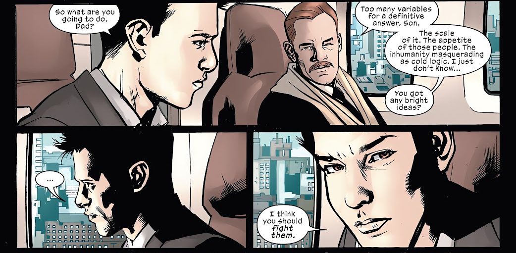 Tony and Howard Stark talking in Ultimate Invasion #3; 