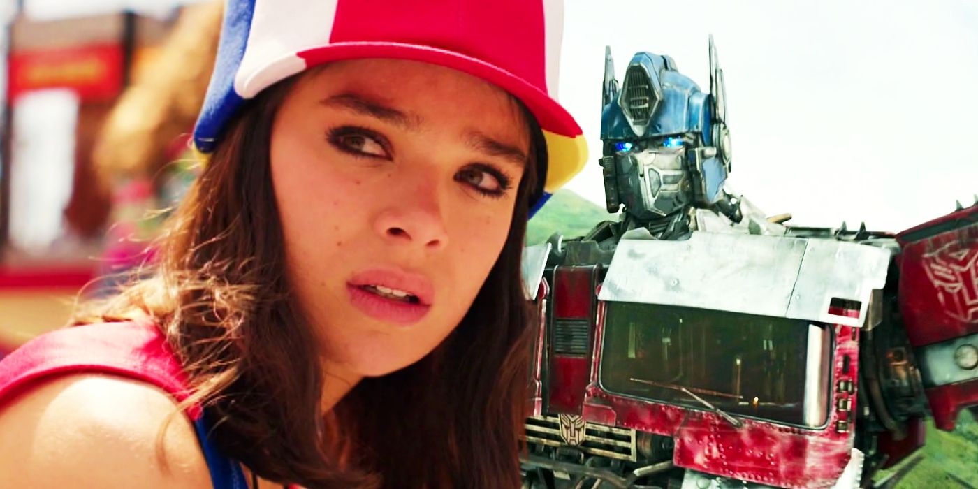 Custom image of Hailee Steinfeld as Charlie in Bumblebee juxtaposed with Optimus Prime in Transformers: Rise of the Beasts.