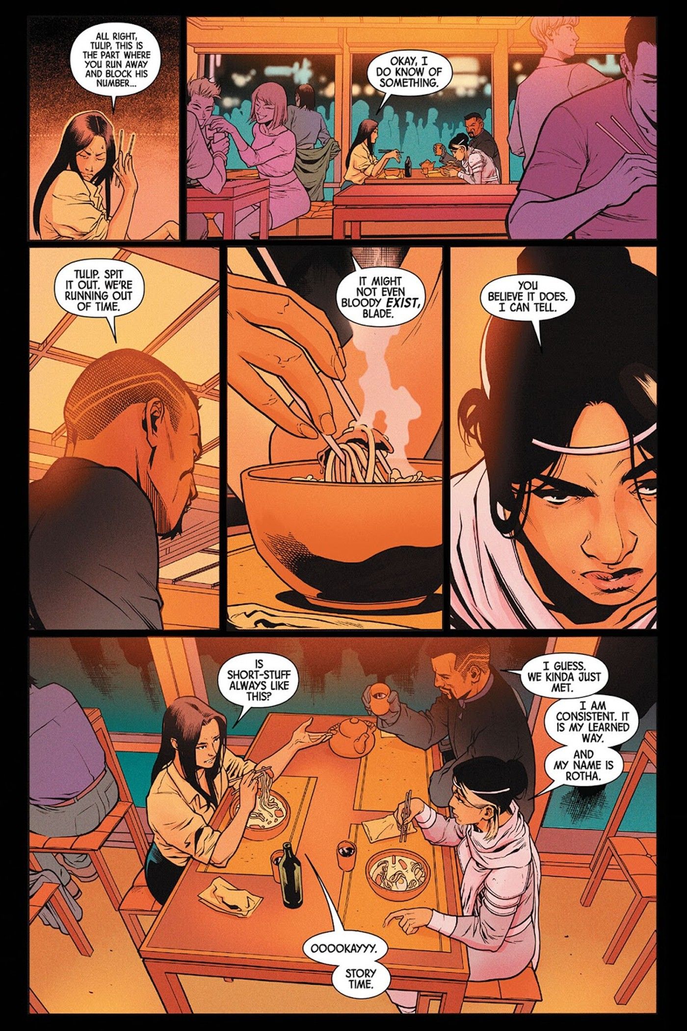panels from Blade #3, Tulip tells Rotha and Blade about Lucifer's Lightbringer
