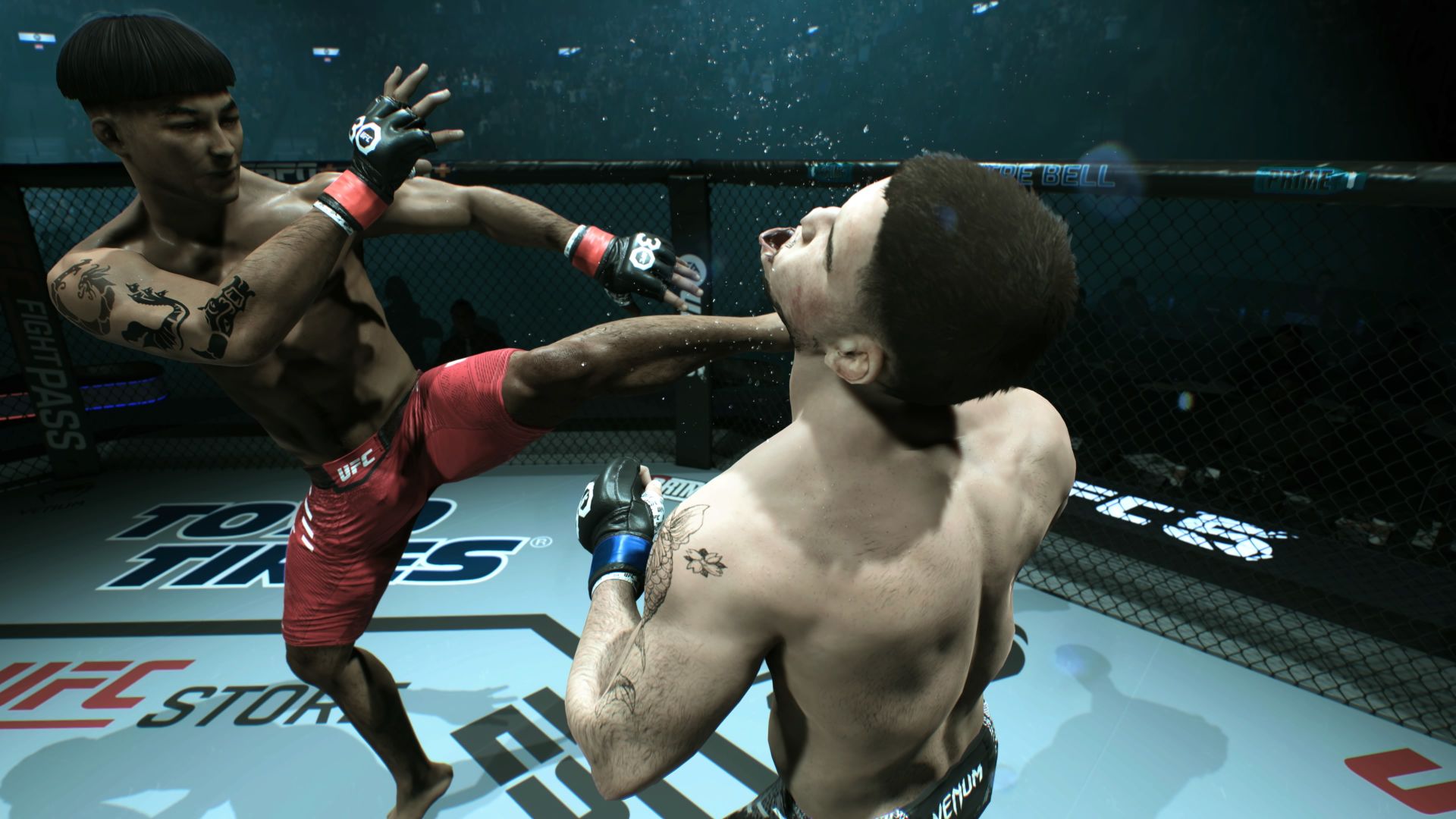Screenshot of UFC 5 shows two fighters in the octagon with one kicking the other in the face and the injured fighter's lip stretching in an unnatural manner.