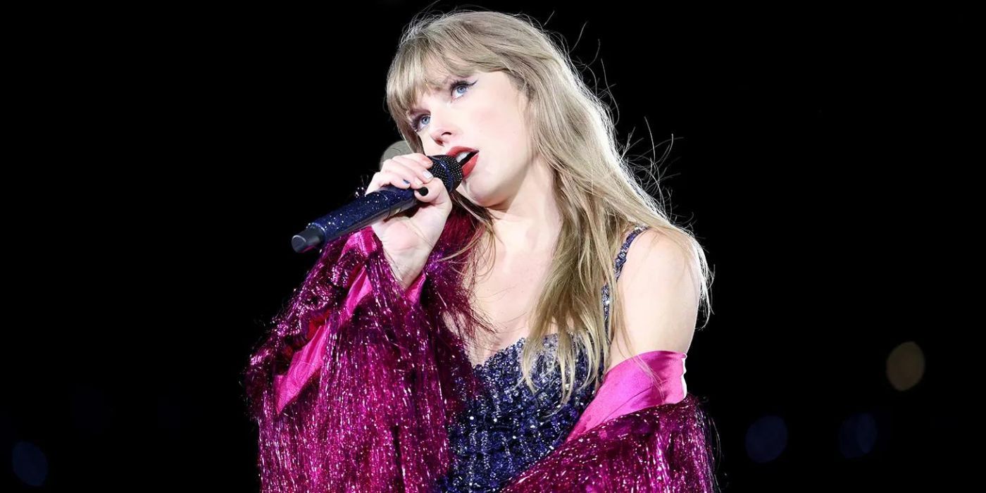 Taylor Swift sings during the Midnights era in The Eras Tour concert movie.