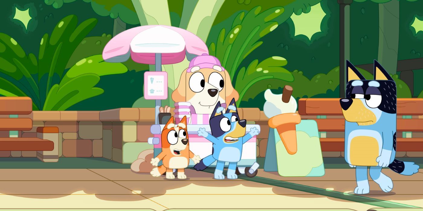 A lady is serving ice cream on Bluey.