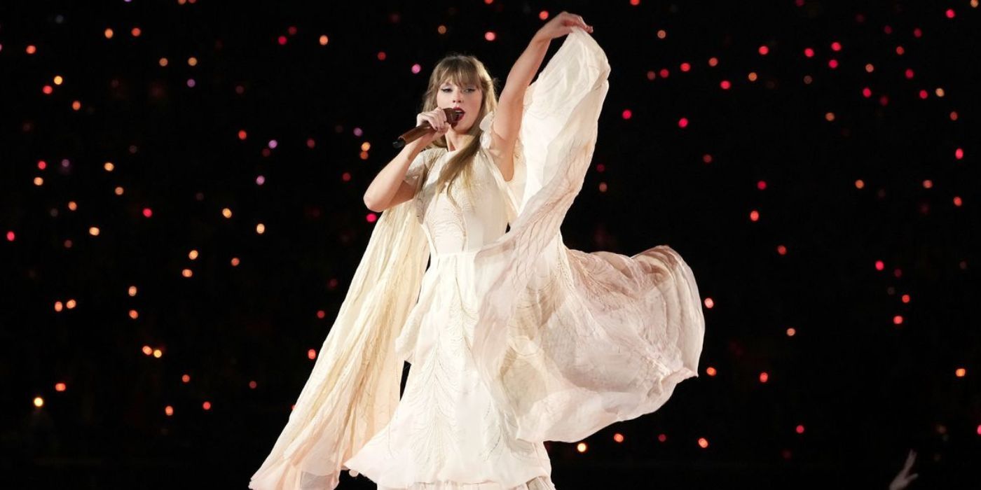 Taylor Swift performs "August" in The Eras Tour concert movie.