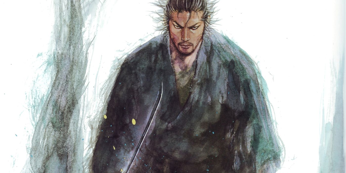 Vagabond full color artwork of Musashi standing and holding a katana.