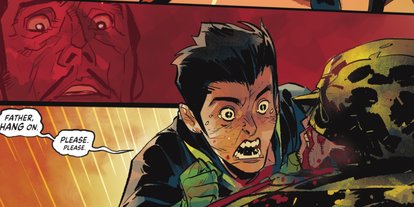 DC vs. Vampires #6, Damian Wayne clinging to dying Bruce