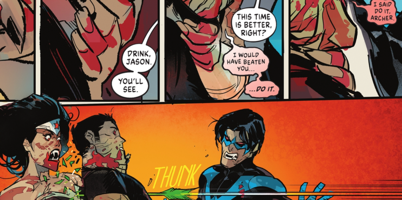 VDC vs. Vampires #6, Red Hood is mercy killed by Green Arrow as he&rsquo;s about to be turned into a vampire by Wonder Woman and Nightwing