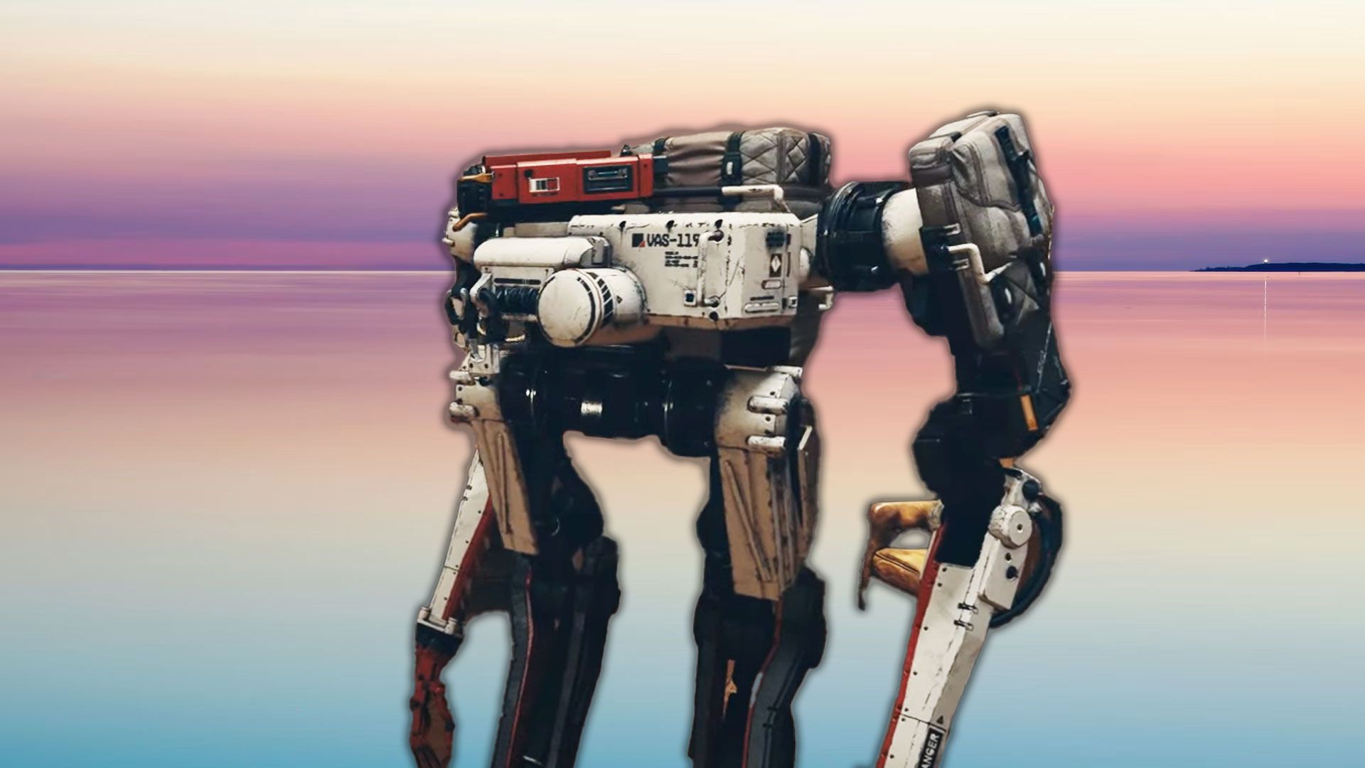 Vasco robot on a pink, blue, and white background.