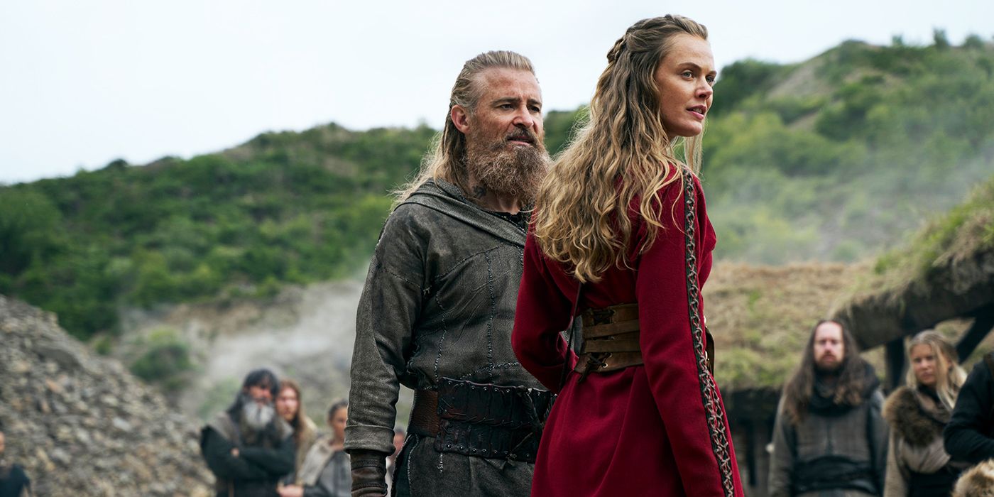 Erik the Red and Freydis standing near each other as other look on in Vikings
