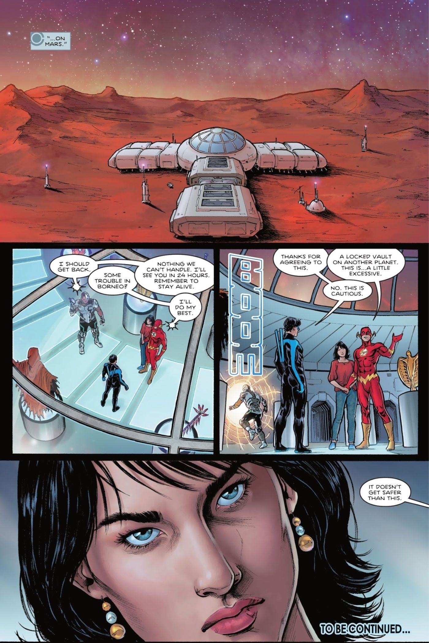 Wally is confined to the Titans' Mars base, with the company of his wife, until the team can solve his future murder