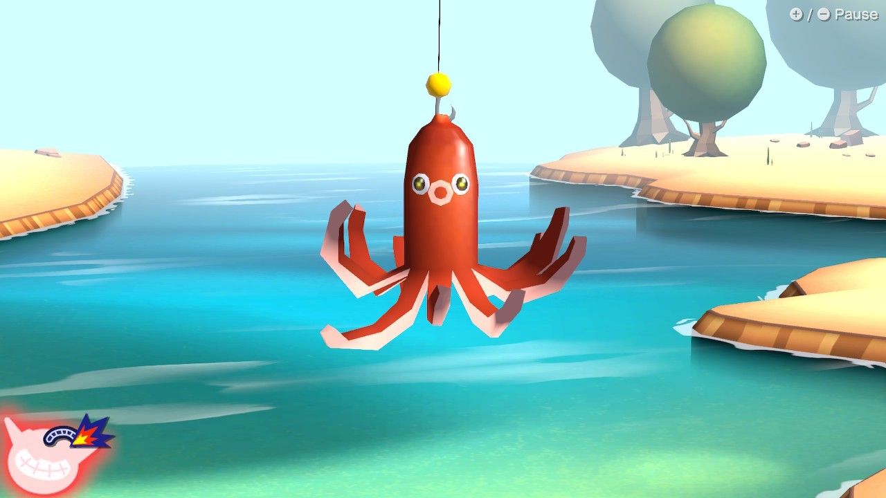 WarioWare Fishing microgame showing a hotdog cut like an octopus reeled in.