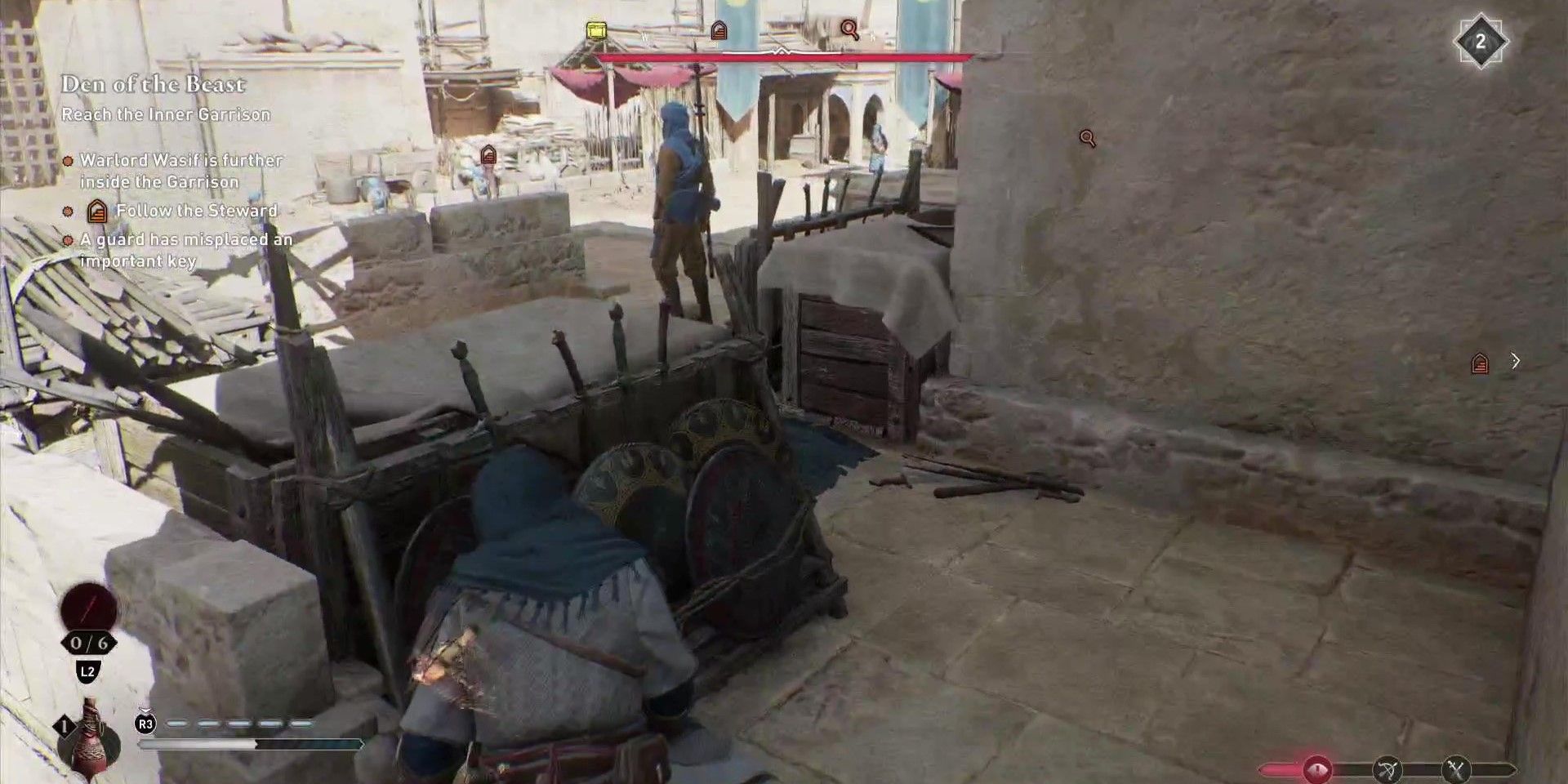 Basim crouched behind a box looking at a spearman in Assassin&rsquo;s Creed Mirage