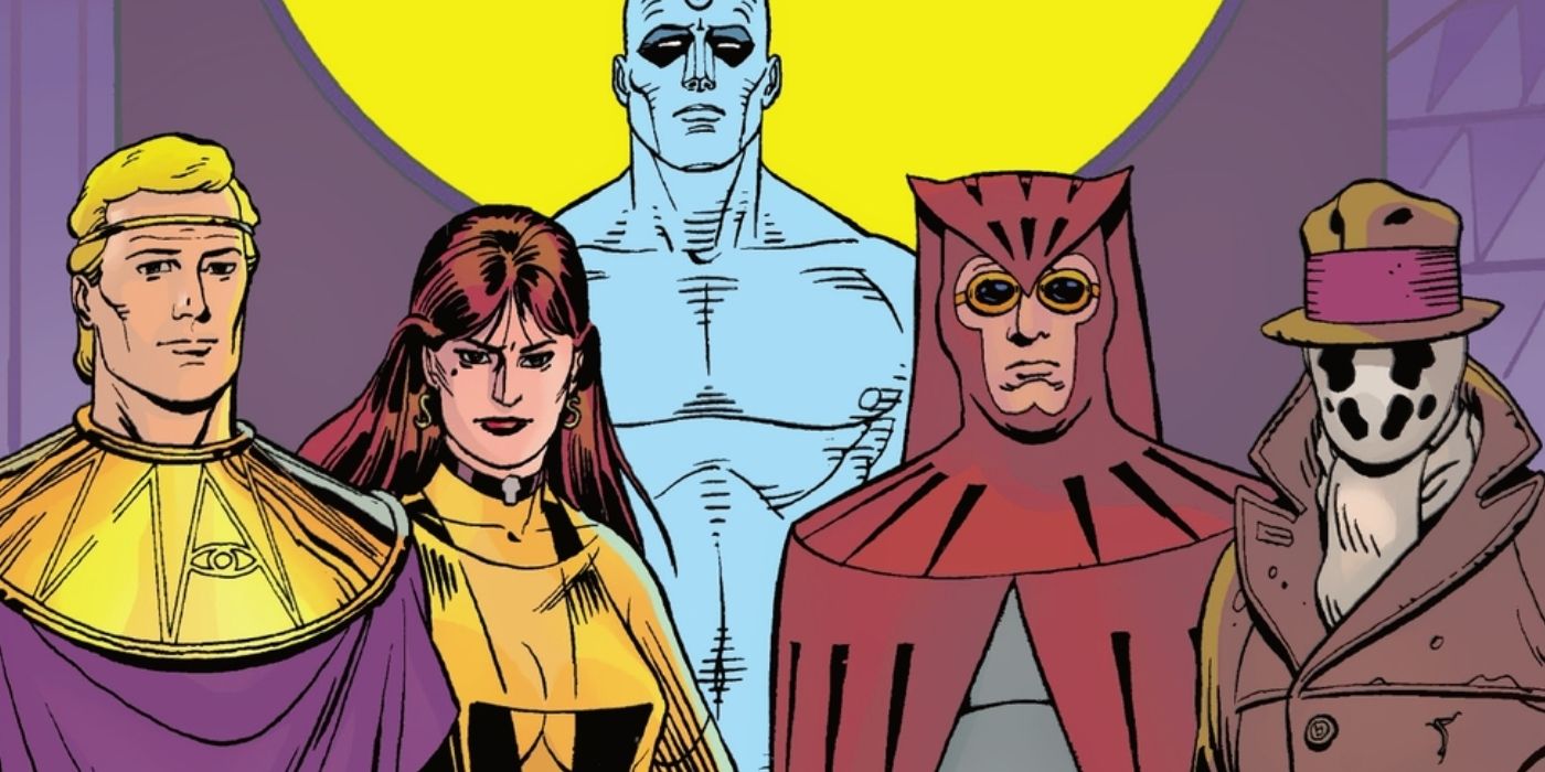 Ozymandias, Silk Spectre, Dr Manhattan, Nite Owl, and Rorshach