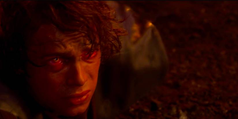 Anakin with Sith eyes looking up from the ground on Mustafar in Revenge of the Sith